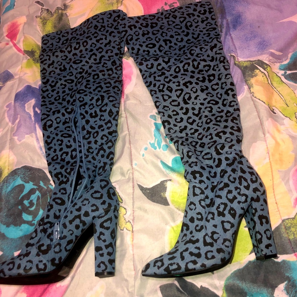 Womens denim cheetah print knee high boots size 7
